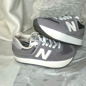 New Balance Women’s 574+, Grey/White, Size 6B Medium Width, Platform Casual Shoe